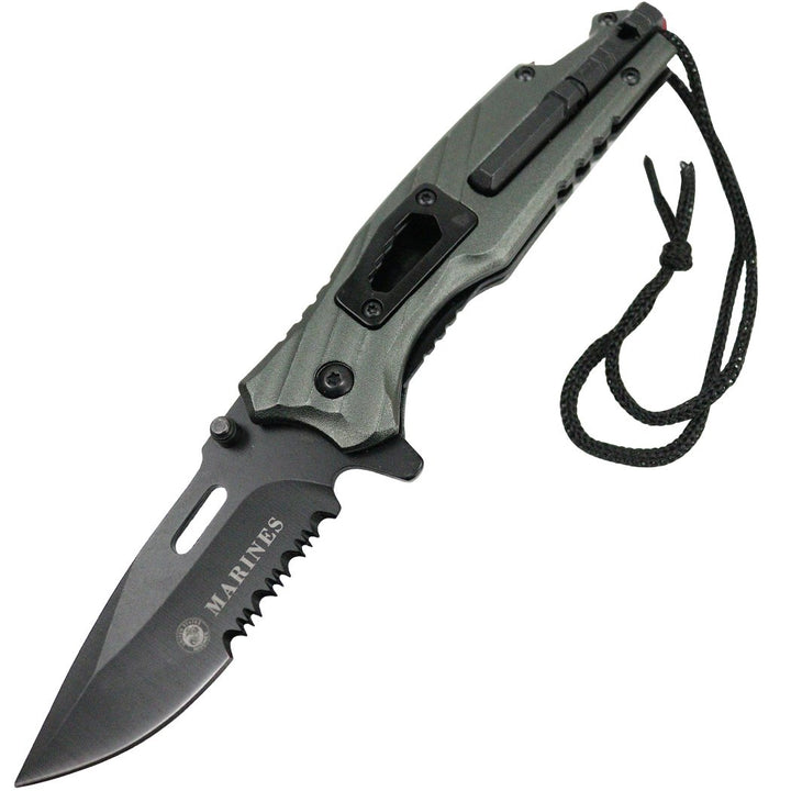 Marines Grey Cord 8" Spring Assisted Folding Knife 3CR13 Stainless Steel Bottle Opener + Fire Starter + Whistle