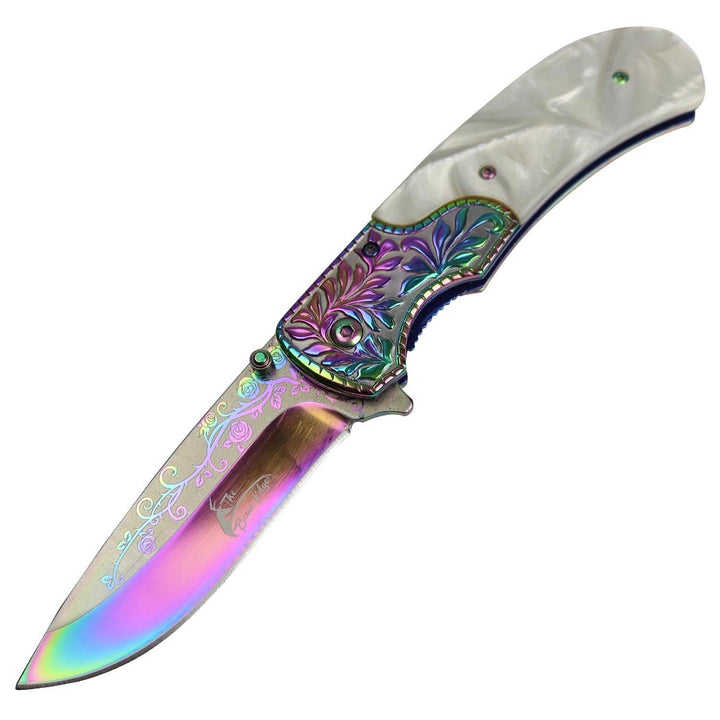 TheBoneEdge 8.5" Pearl White Handle Titanium Coating Blade Spring Assisted Knife