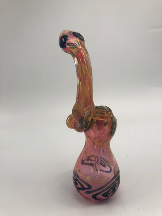 Pink with yellow circles and blue stripes glass bubbler