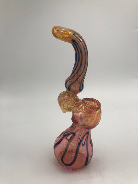 Pink and yellow glass bubbler with blue stripes